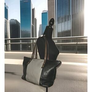 Fossil Jenna Color Block Black Gray Pebbled Leather Shoulder Bag Tote 15x11x5